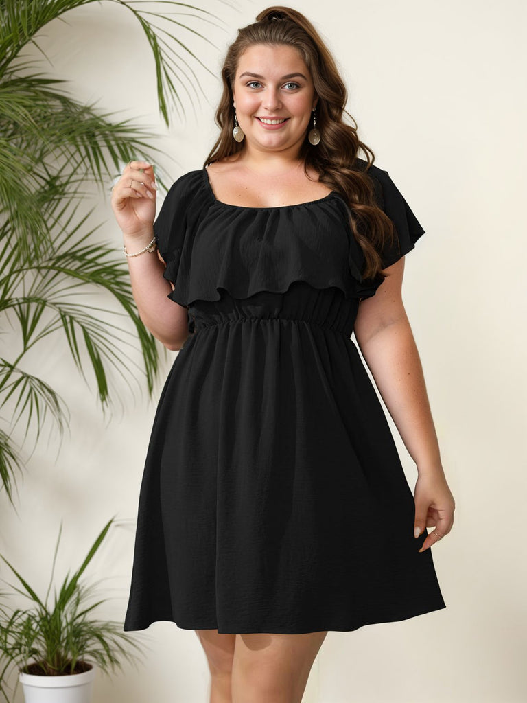 [Plus Size] 1950s Solid Ruffle Neck Off Shoulder Dress