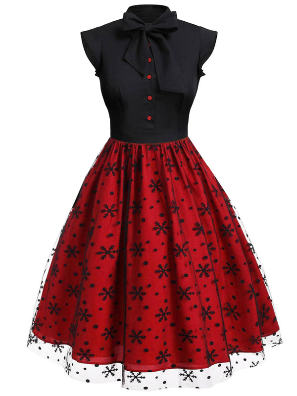 A-Line Cocktail Tie Bow Mesh Christmas Dress Red & Black,L