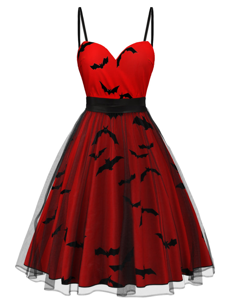[Pre-Sale] Wine Red 1950s Sweetheart Neck Halloween Bat Mesh Dress