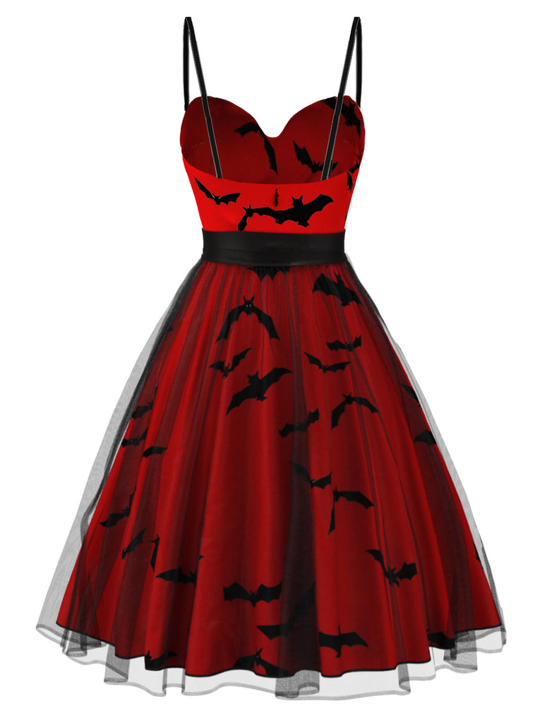 [Pre-Sale] Wine Red 1950s Sweetheart Neck Halloween Bat Mesh Dress