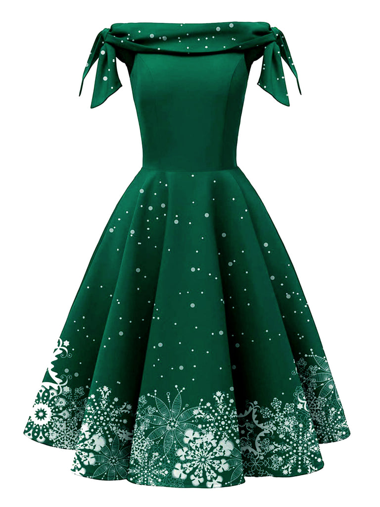 Green 1950s Christmas Snowflake Off-Shoulder Dress