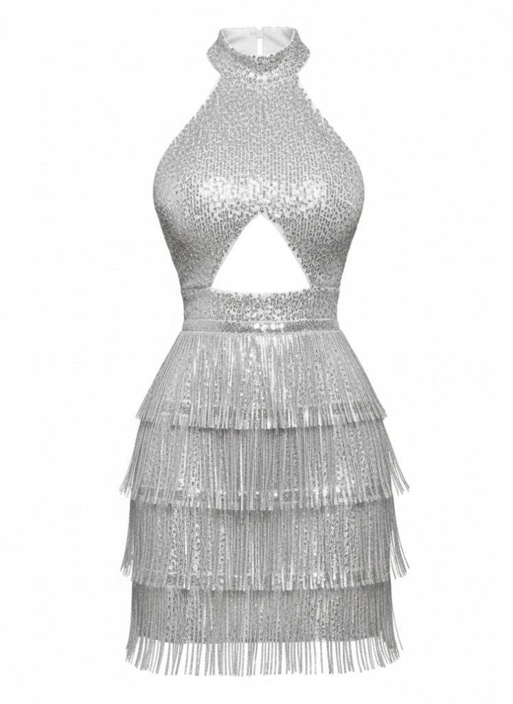 Silver 1920s Halter Sequin Fringe Cutout Party Dress