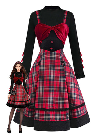 [Pre-Sale] 2PCS 1950s Velvet Bow Turtleneck Knitted Top & Plaid Dress