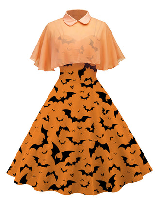 [US Warehouse] Orange 1950s Cape Patchwork Swing Dress