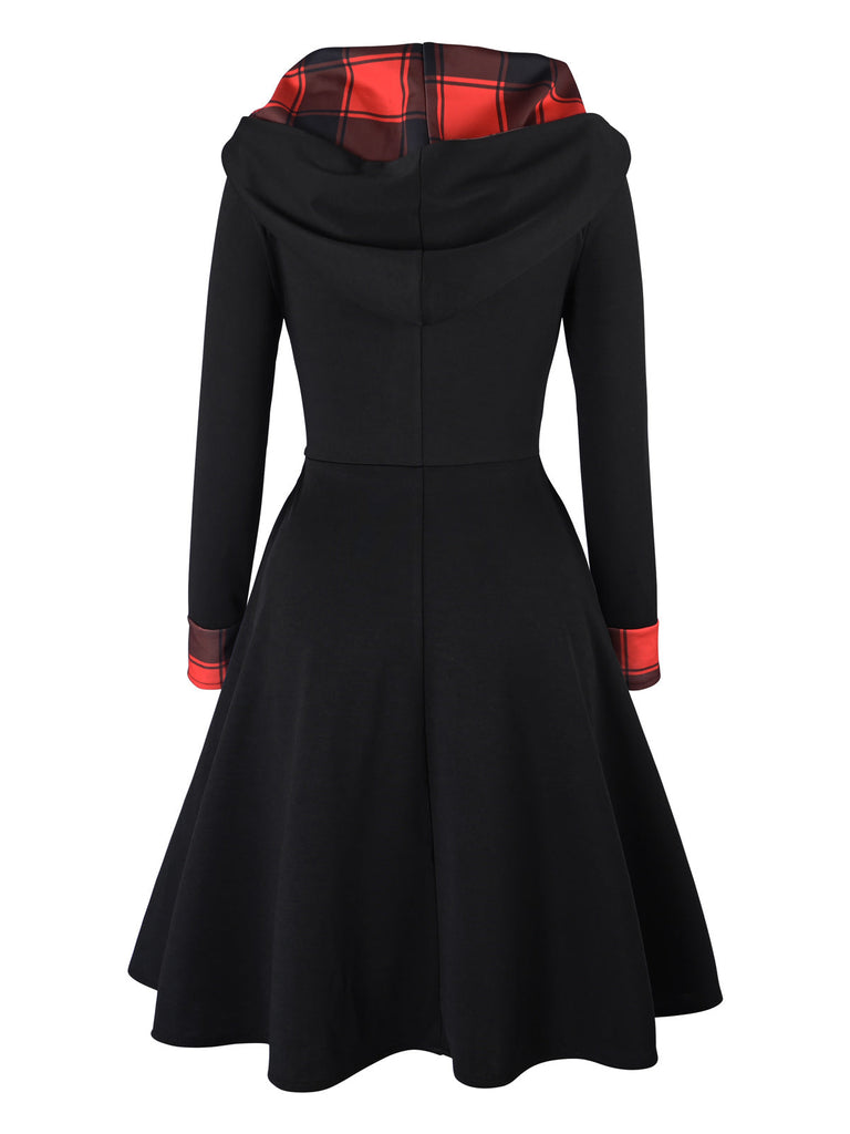 [US Warehouse] Black 1950s Plaid Hooded Button Dress
