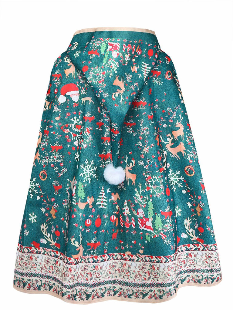 1950s Christmas Print Hooded Cape Coat