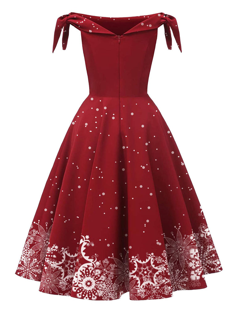 Red 1950s Off-shoulder Snowflake Dress