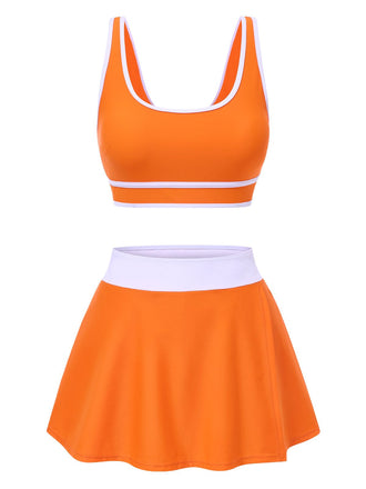 2PCS 1940s Square Neck Side Slit Colorblock Skirt Swimsuit