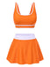 2PCS 1940s Square Neck Side Slit Colorblock Skirt Swimsuit
