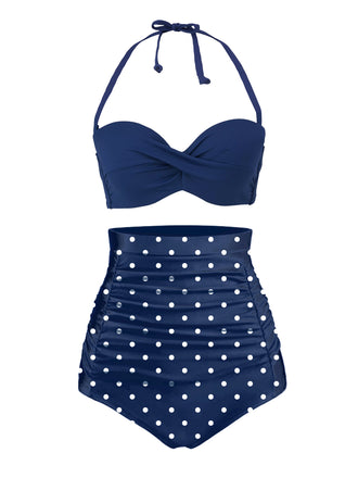 Blue 1950s Halter Polka Dots Swimsuit
