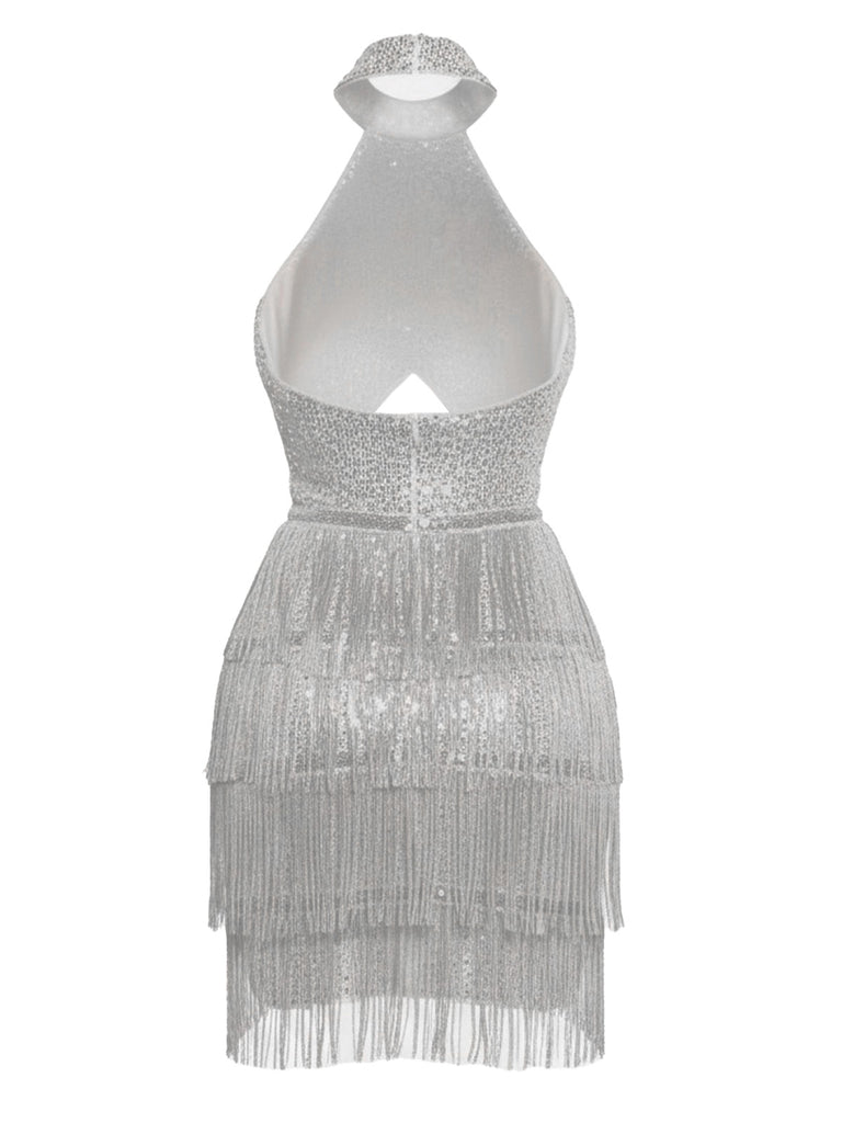 Silver 1920s Halter Sequin Fringe Cutout Party Dress