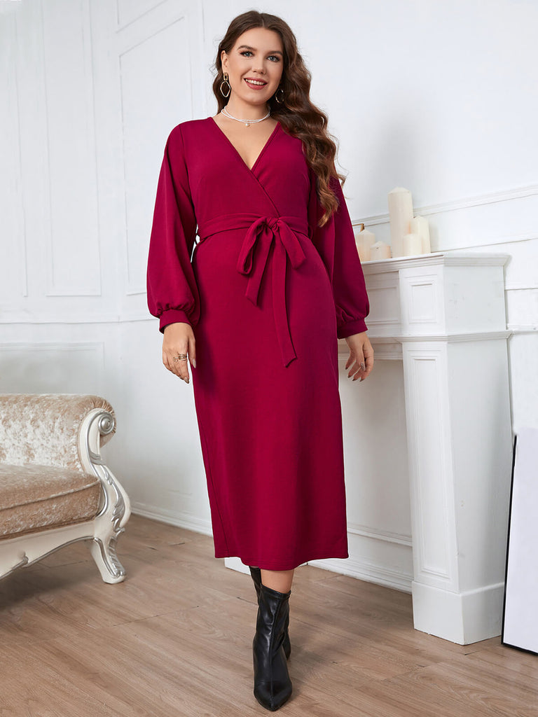 [Plus Size] Burgundy 1930s Christmas V-Neck Long Sleeve Dress