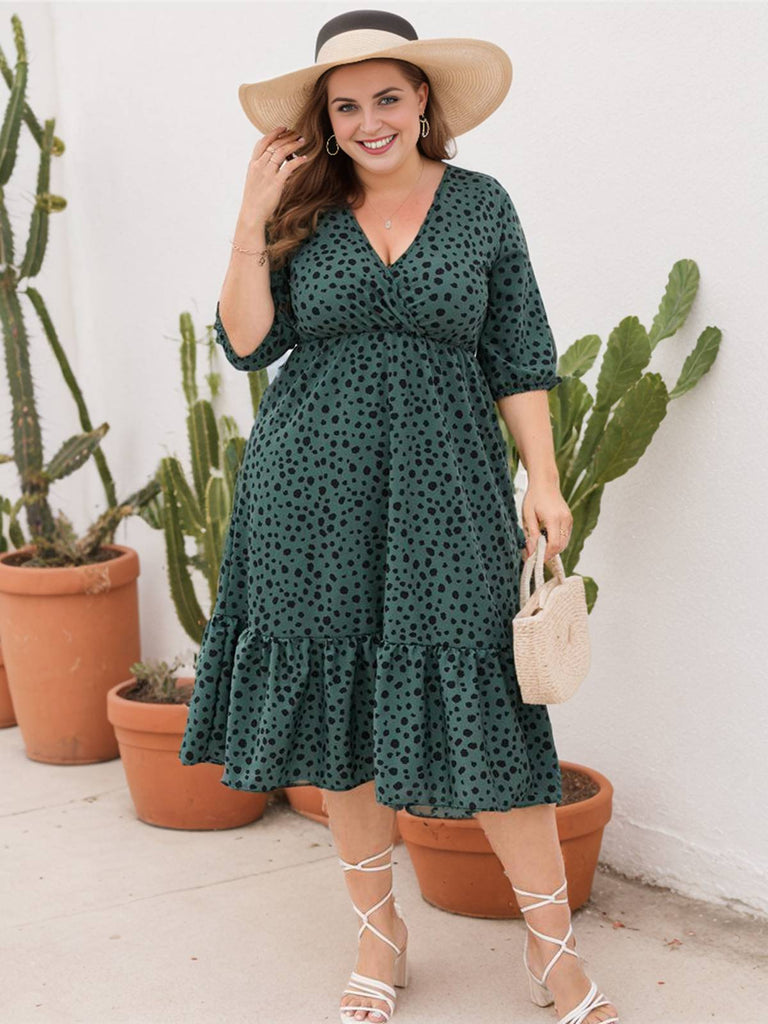 [Plus Size] 1950s V-neck Leopard Half Sleeve Dress