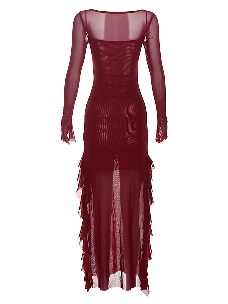 Wine Red 1970s Sheer Mesh Ruffle Maxi Dress