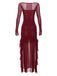 Wine Red 1970s Sheer Mesh Ruffle Maxi Dress