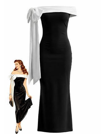 1930s Solid Off-Shoulder Tie Bodycon Maxi Dress
