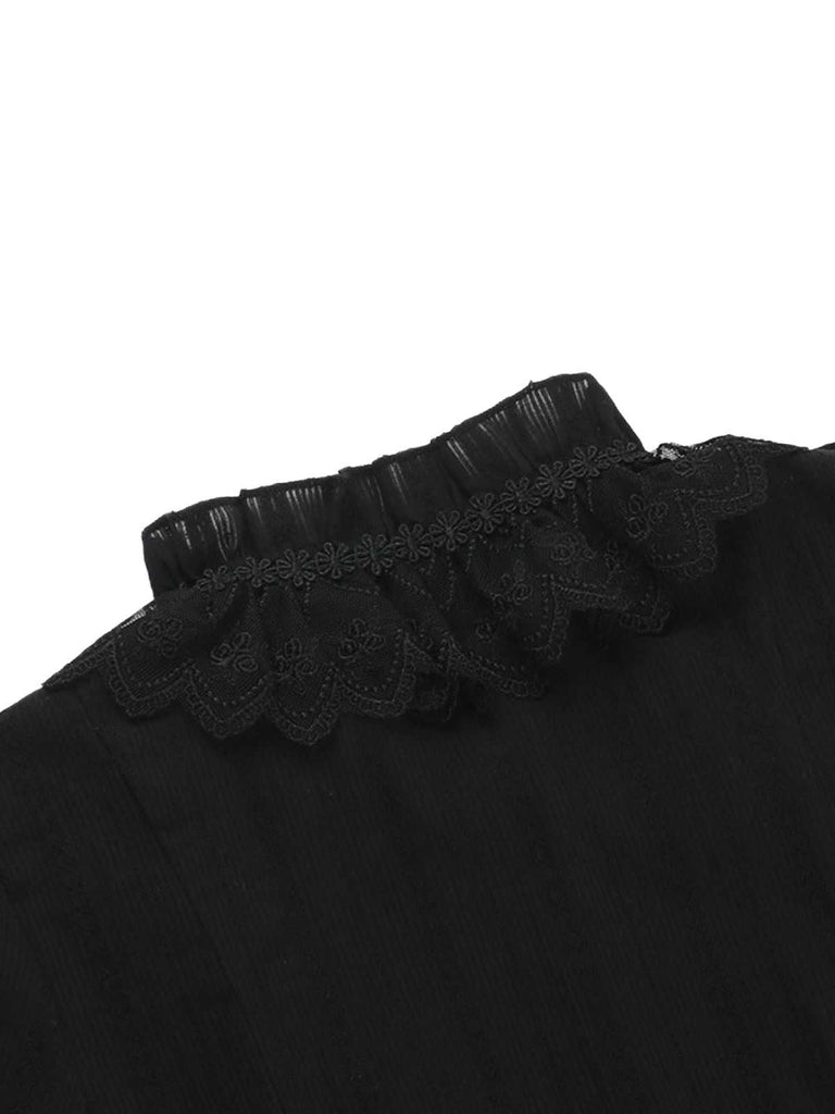 Black 1980s Gothic Pure Cotton Ruffled Blouse