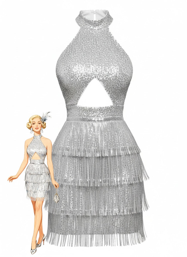Silver 1920s Halter Sequin Fringe Cutout Party Dress