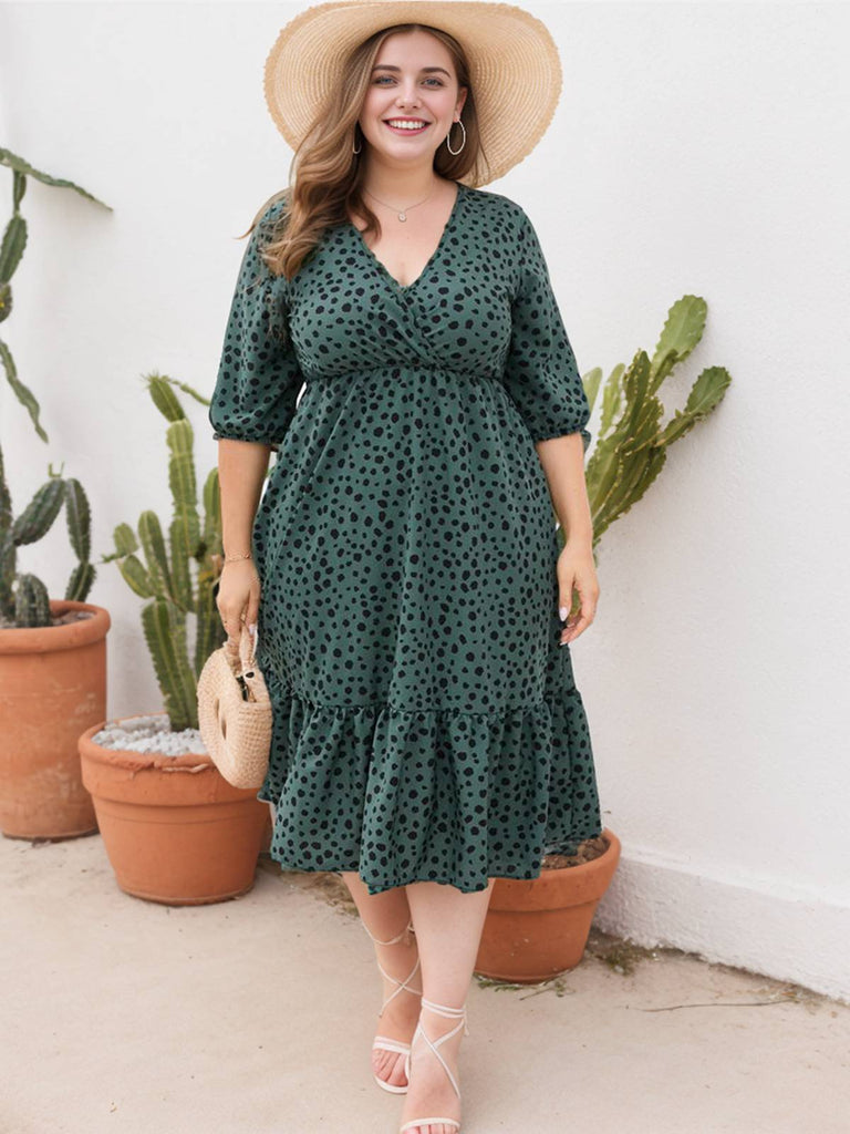 [Plus Size] 1950s V-neck Leopard Half Sleeve Dress