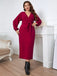 [Plus Size] Burgundy 1930s Christmas V-Neck Long Sleeve Dress