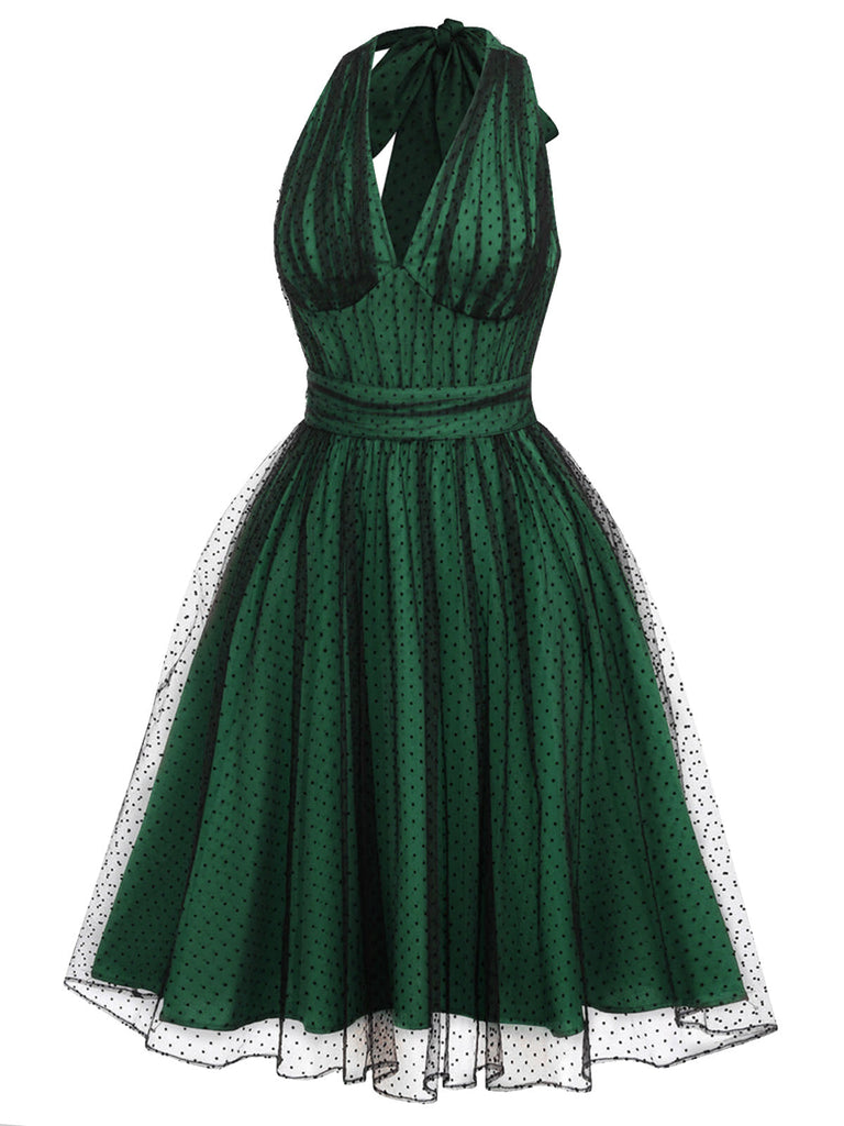 Green 1950s Christmas Halter Polka Dots Mesh Dress