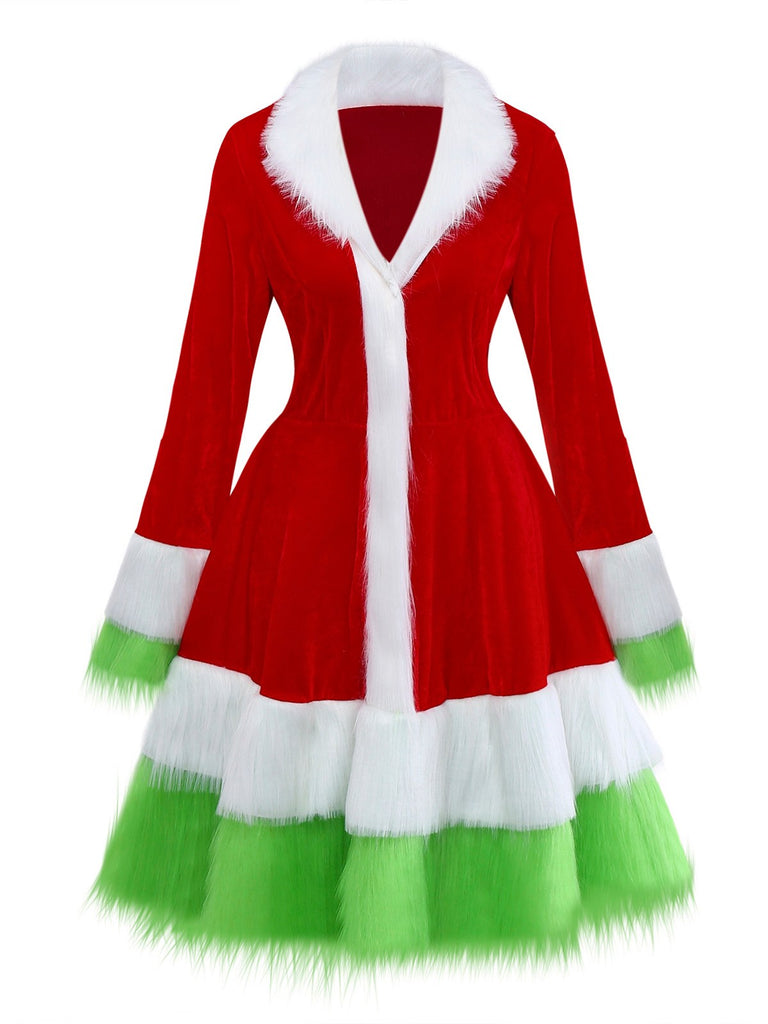 Red & Green 1940s Christmas Grinch Fur Trimmed Dress