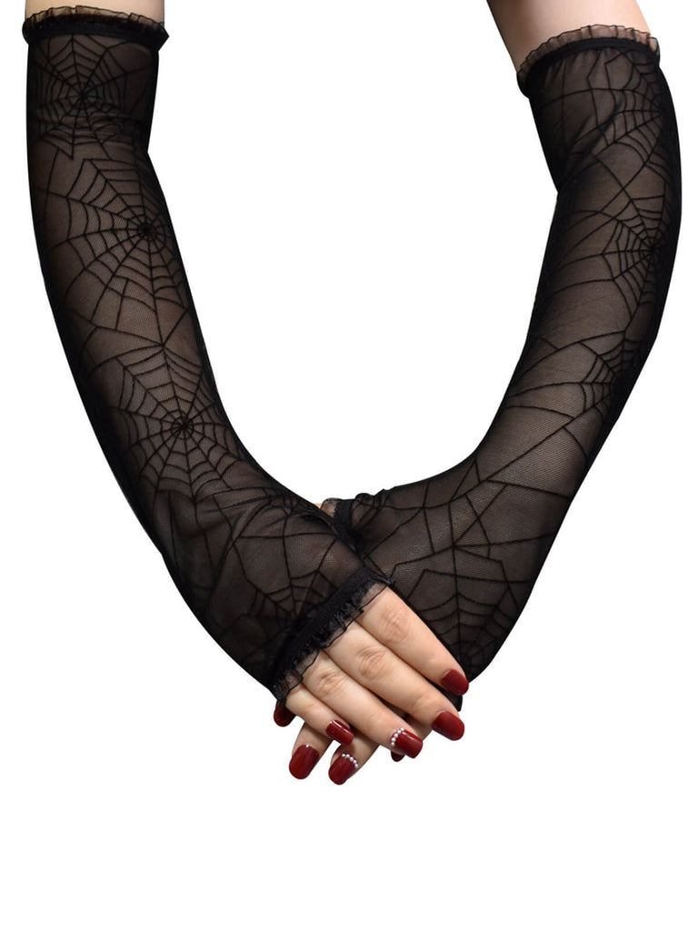 Black Halloween Spider Web Sheer Gloves
