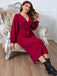 [Plus Size] Burgundy 1930s Christmas V-Neck Long Sleeve Dress