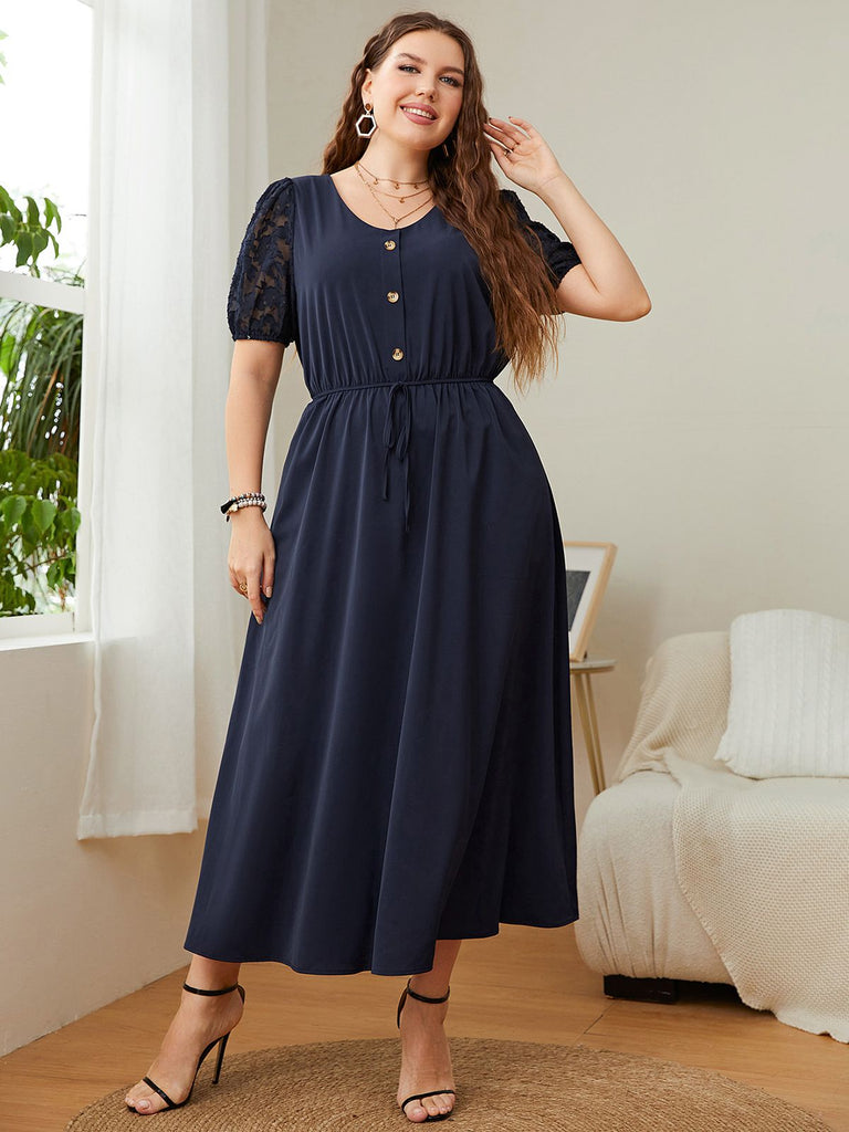 [Plus Size] Dark Blue 1930s Puff Sleeve Solid Dress