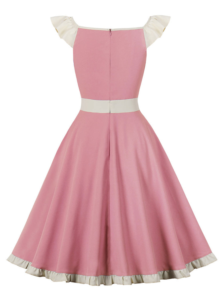 Pink 1950s Sweetheart Collar Bow Swing Dress