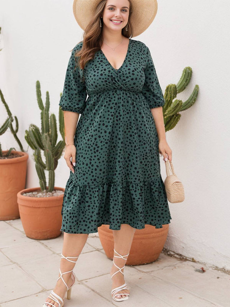 [Plus Size] 1950s V-neck Leopard Half Sleeve Dress