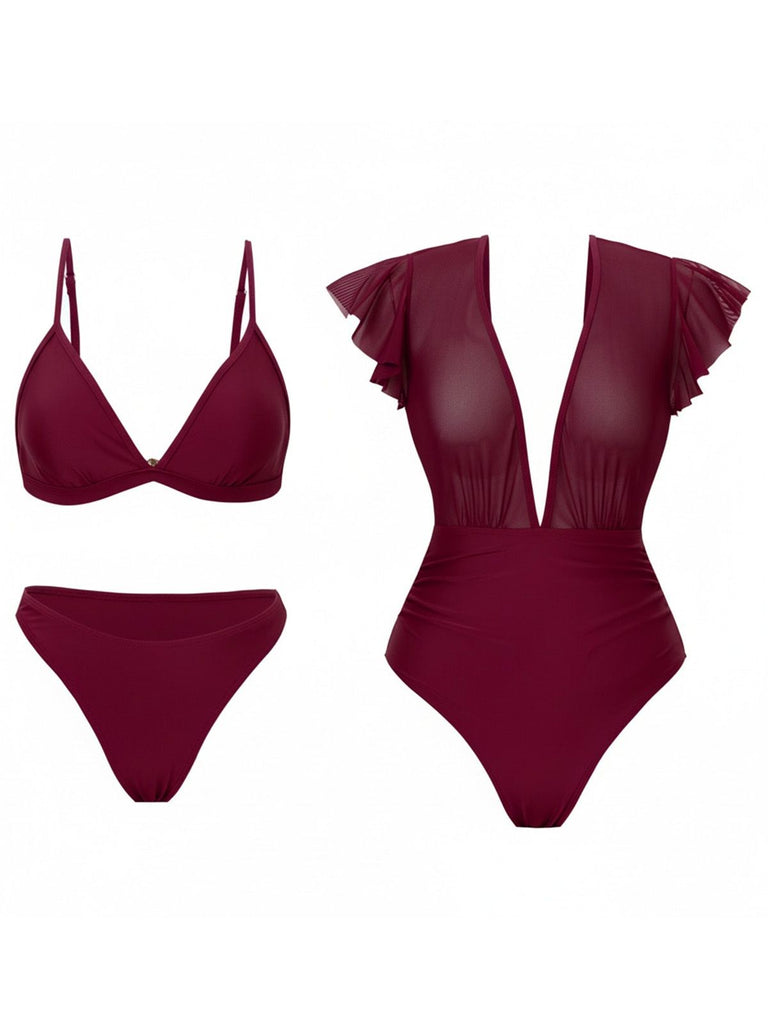 1960s Solid Mesh Plunge Bikini Set & Cover-Up