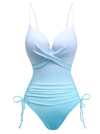 Light Blue 1940s Bow Spaghetti Strap One-Piece Swimsuit