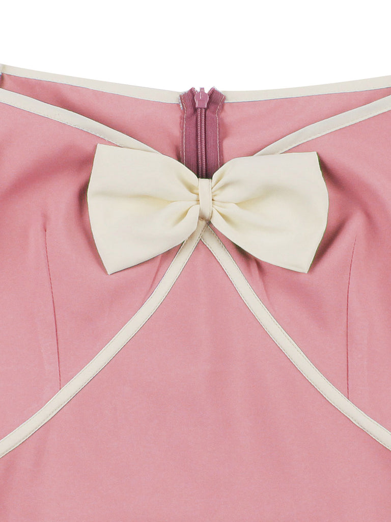 Pink 1950s Sweetheart Collar Bow Swing Dress