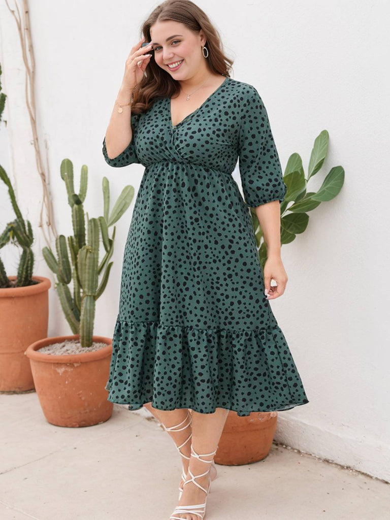 [Plus Size] 1950s V-neck Leopard Half Sleeve Dress