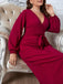 [Plus Size] Burgundy 1930s Christmas V-Neck Long Sleeve Dress