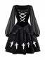 1980s Gothic Cross Velvet 3D Roses Dress With Headband