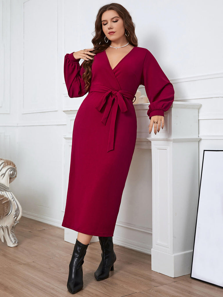 [Plus Size] Burgundy 1930s Christmas V-Neck Long Sleeve Dress