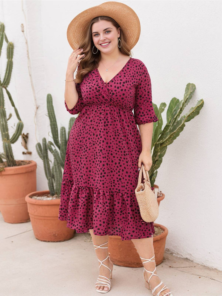 [Plus Size] 1950s V-neck Leopard Half Sleeve Dress