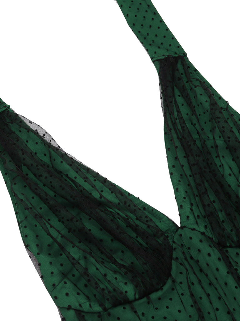 Green 1950s Christmas Halter Polka Dots Mesh Dress