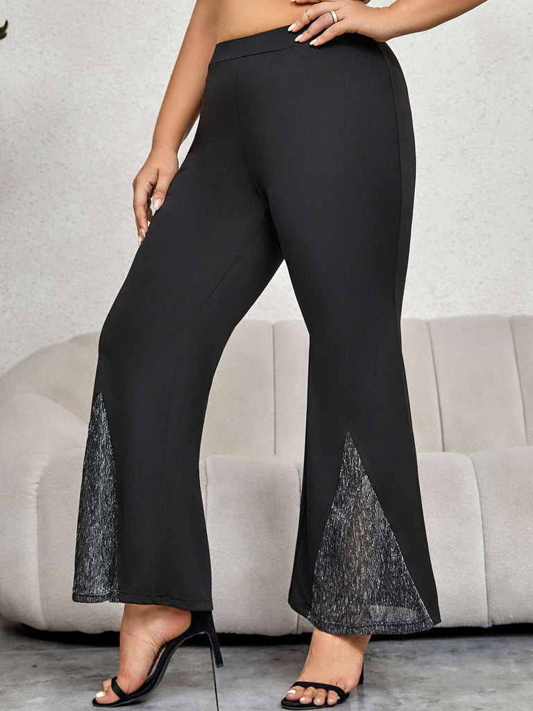 [Plus Size] Black 1930s Solid Flare Pants