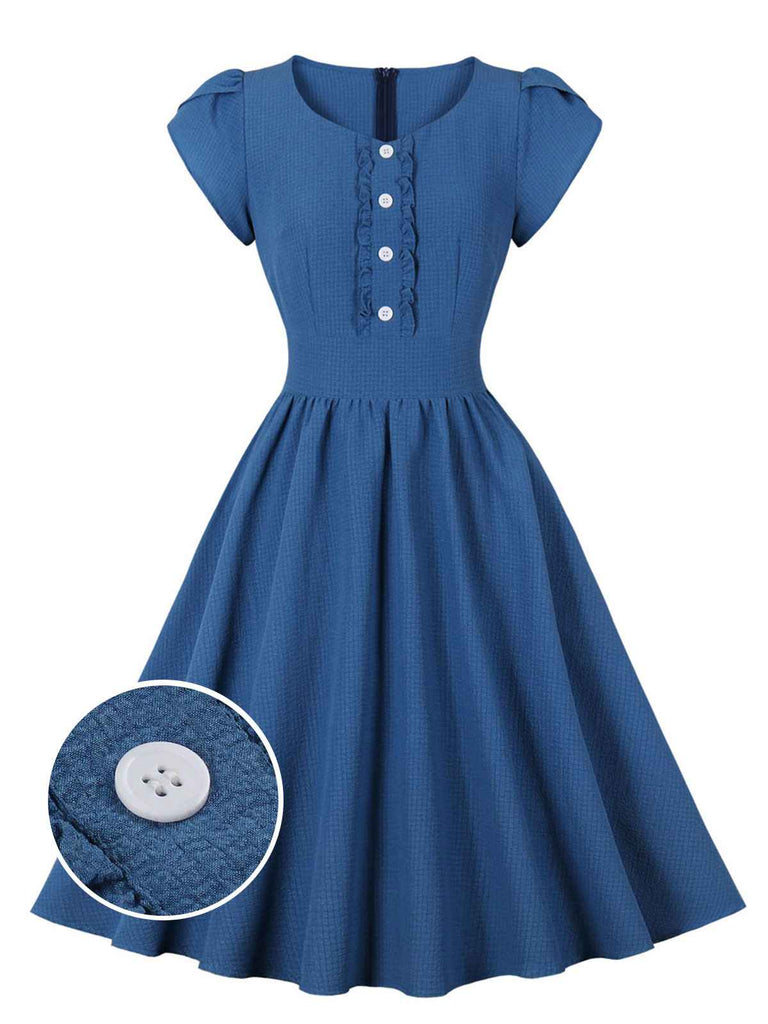 1950s Short Sleeve Ruffles Buttoned Solid Dress