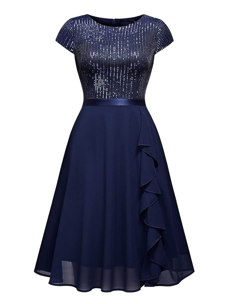 1940s Sequin Chiffon Ruffle Trim Swing Dress