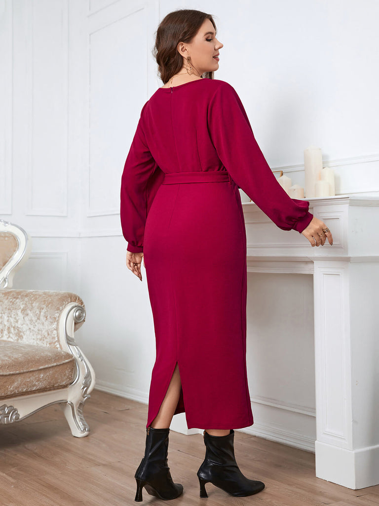 [Plus Size] Burgundy 1930s Christmas V-Neck Long Sleeve Dress