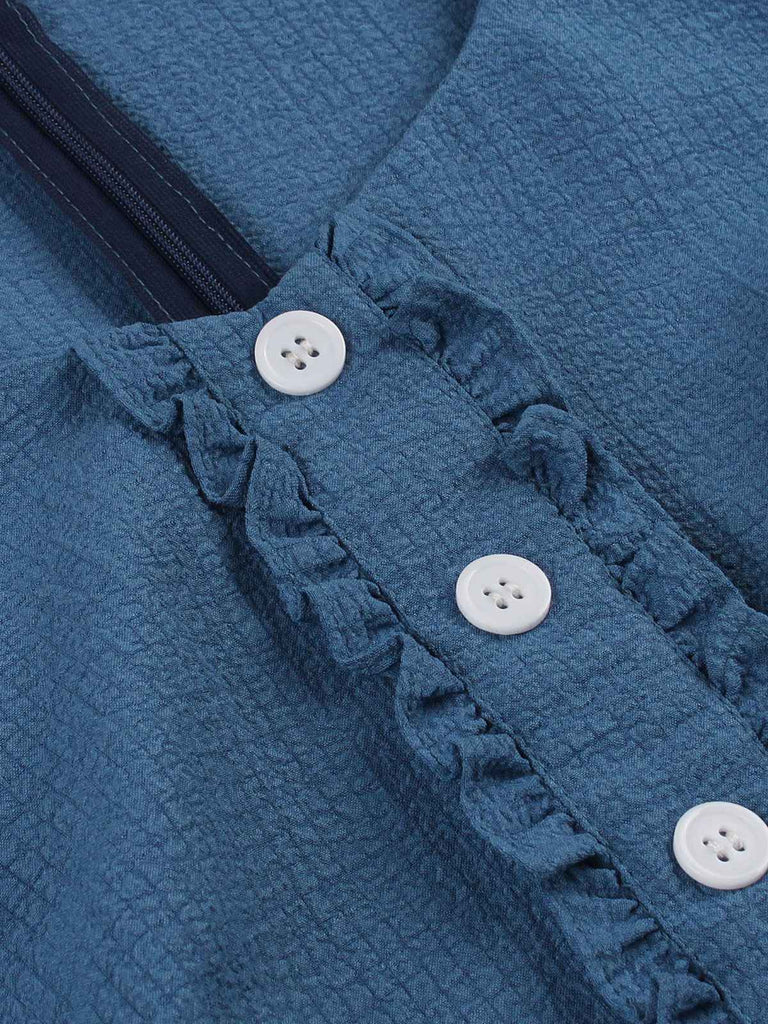 1950s Short Sleeve Ruffles Buttoned Solid Dress
