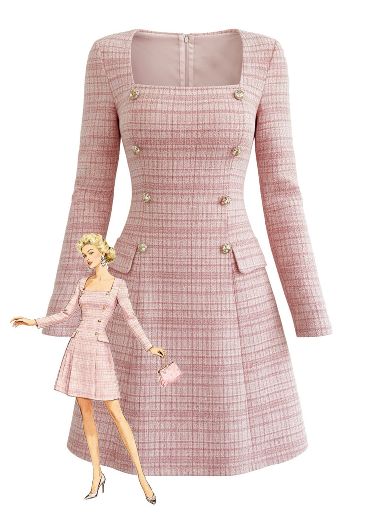 Pink 1960s Plaid Tweed Buttoned Square Neck Dress