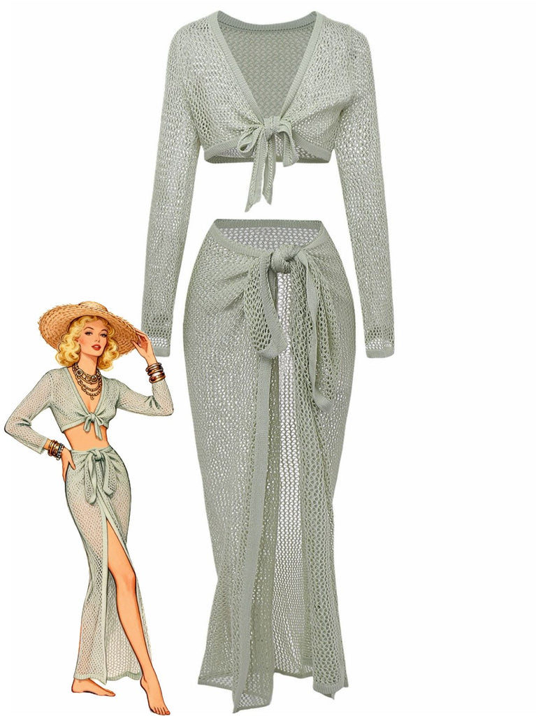 2PCS Green 1960s Crochet Long Sleeve Beach Cover-Up Set