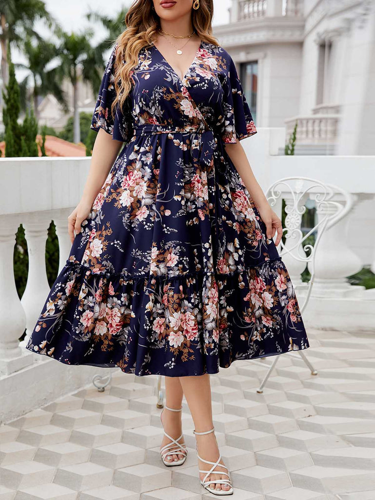 [Plus Size] Navy Blue 1950s V-Neck Floral Dress