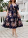 [Plus Size] Navy Blue 1950s V-Neck Floral Dress