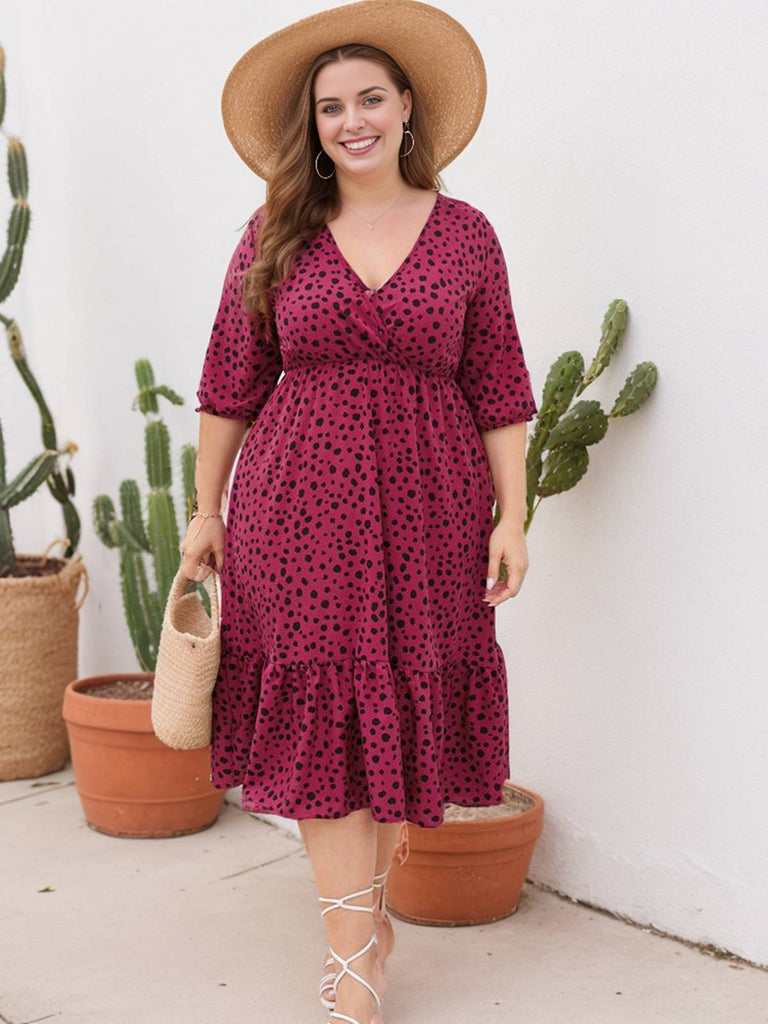 [Plus Size] 1950s V-neck Leopard Half Sleeve Dress